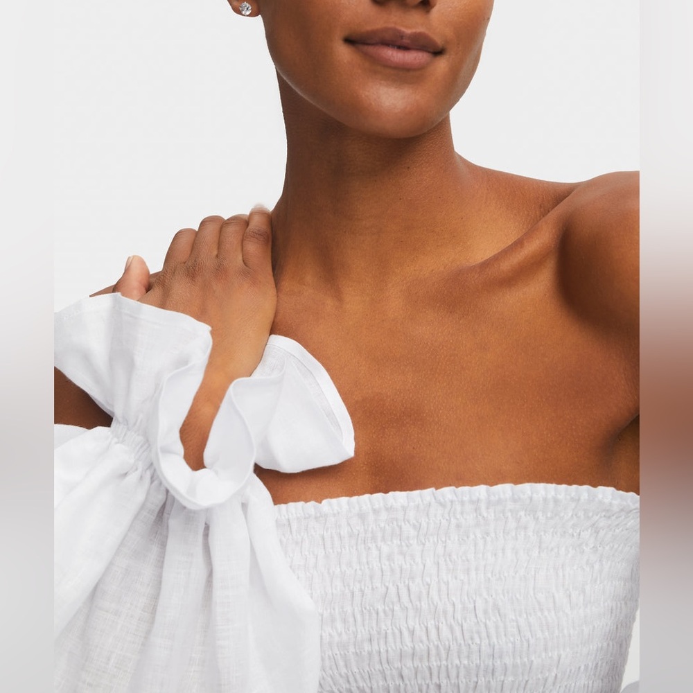 NEW Sleeper Atlanta Linen Dress Off-Shoulder White Puff Sleeve w/ Bow size L - Picture 7 of 14